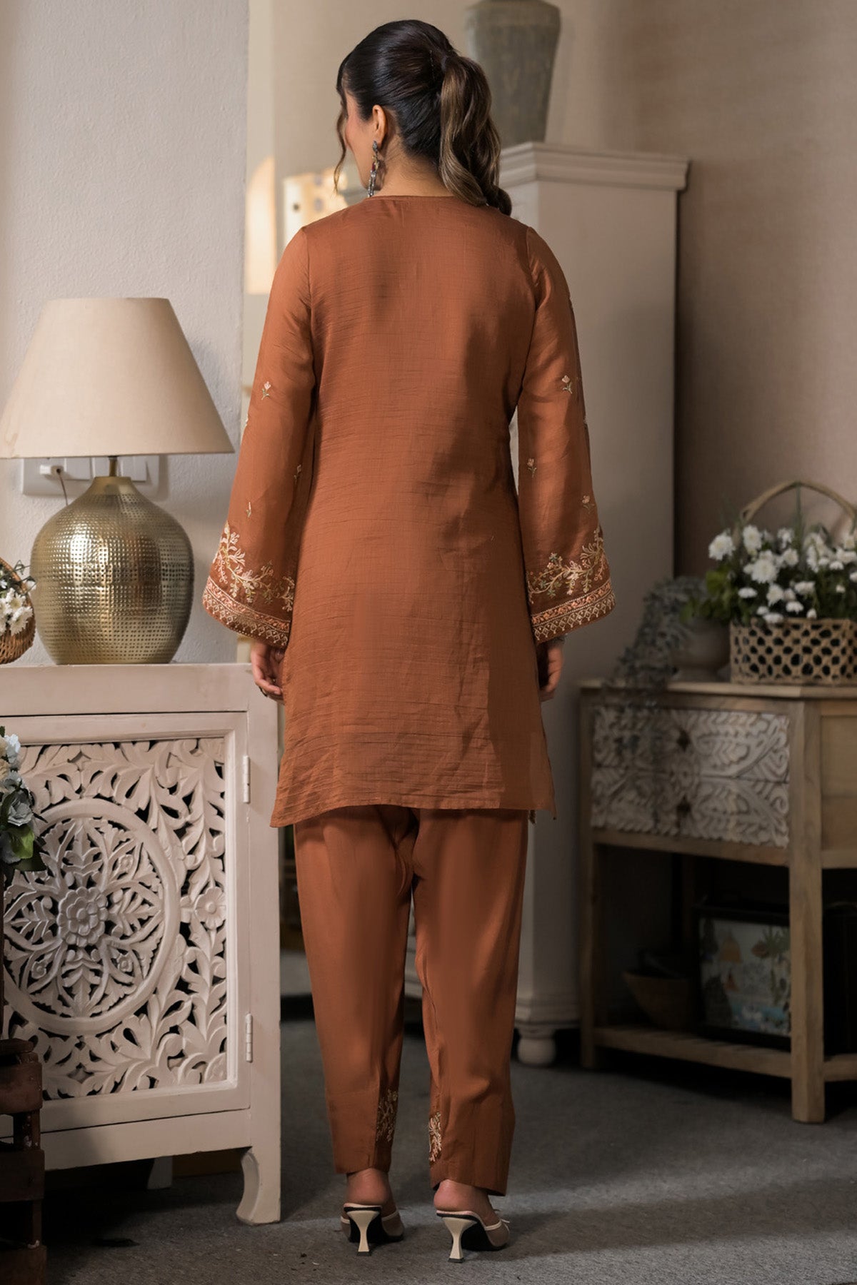 Rust Brown Mul Chanderi Farshi Suit Set With Dupatta