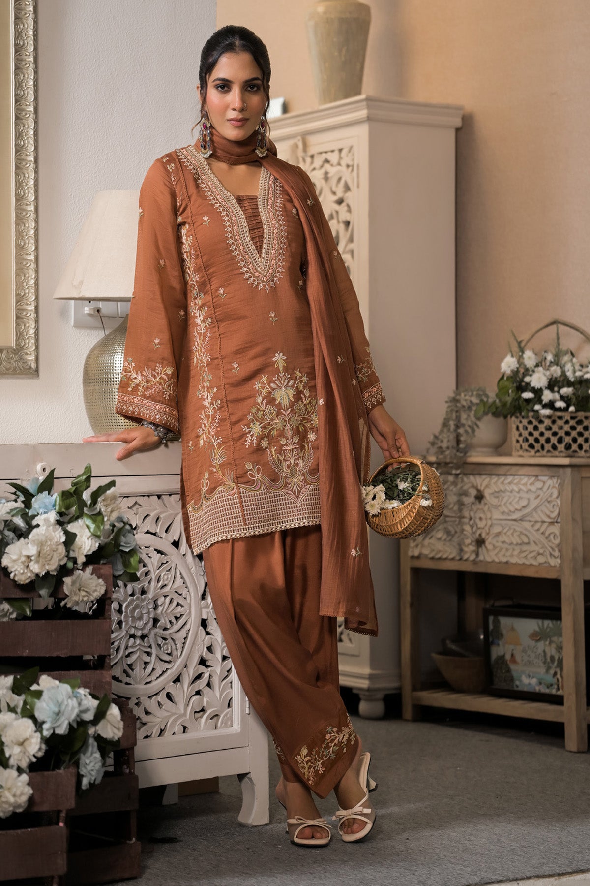 Rust Brown Mul Chanderi Farshi Suit Set With Dupatta