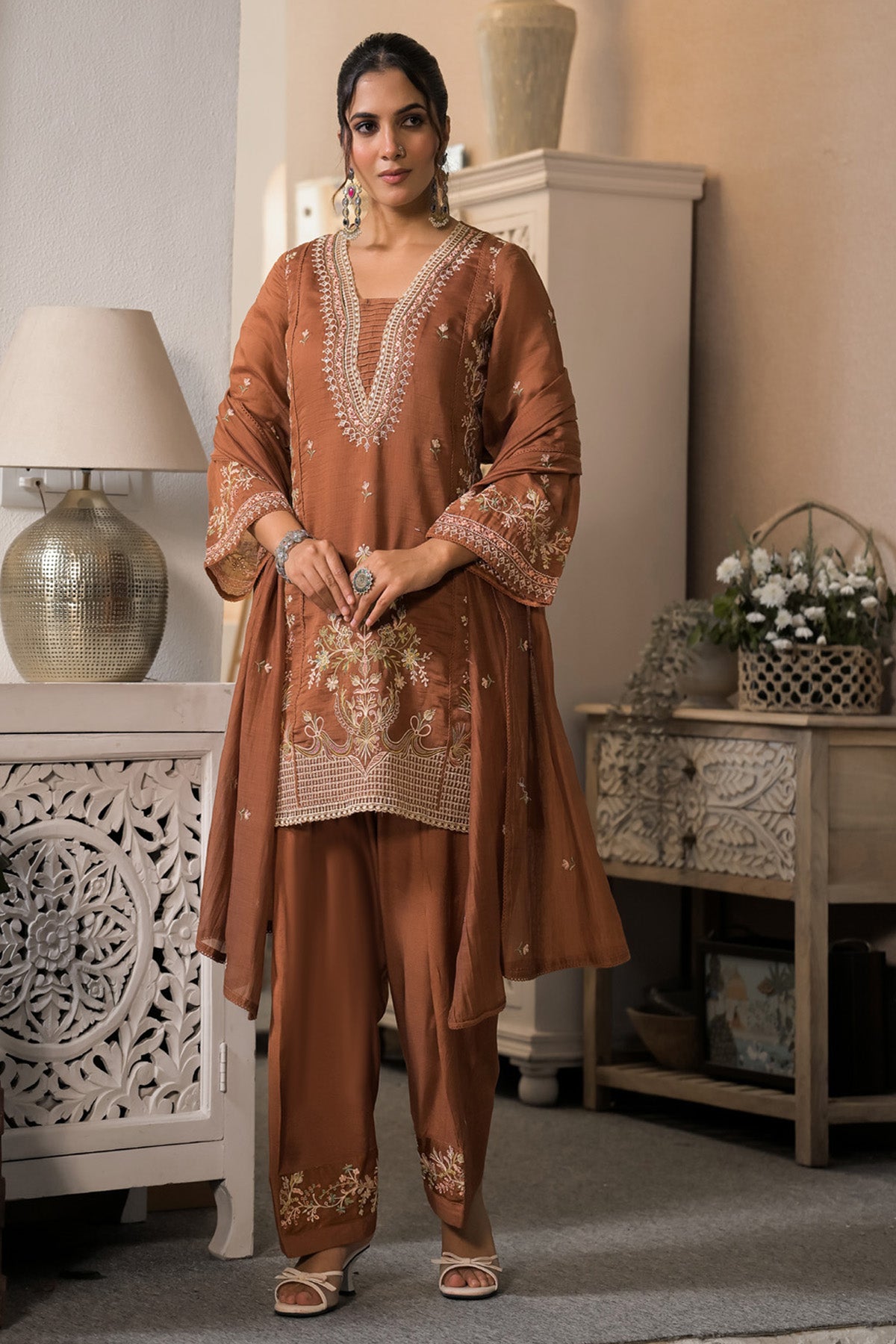 Rust Brown Mul Chanderi Farshi Suit Set With Dupatta