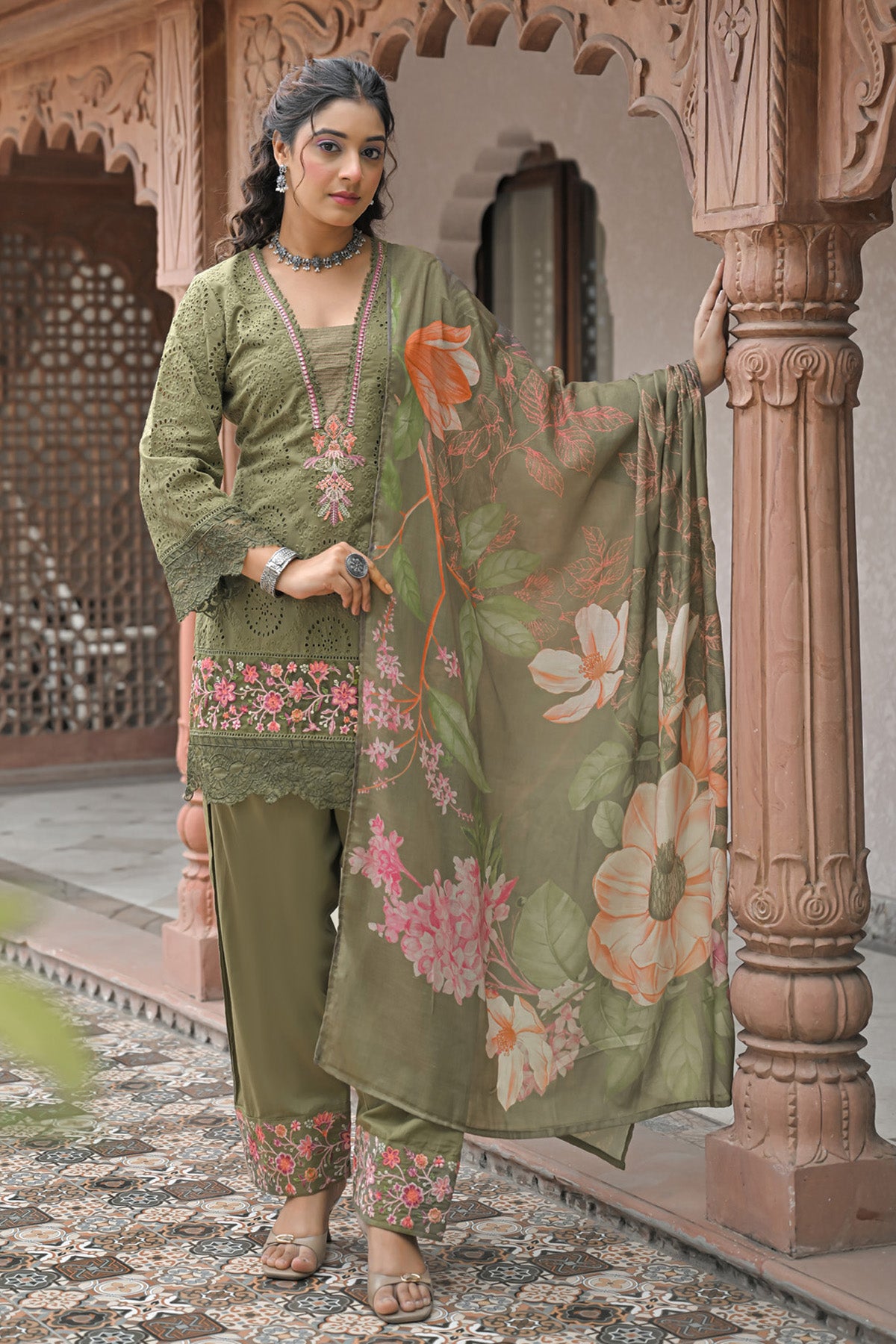 Olive Green Cotton Shifli Embroidered Farshi Suit Set With Dupatta