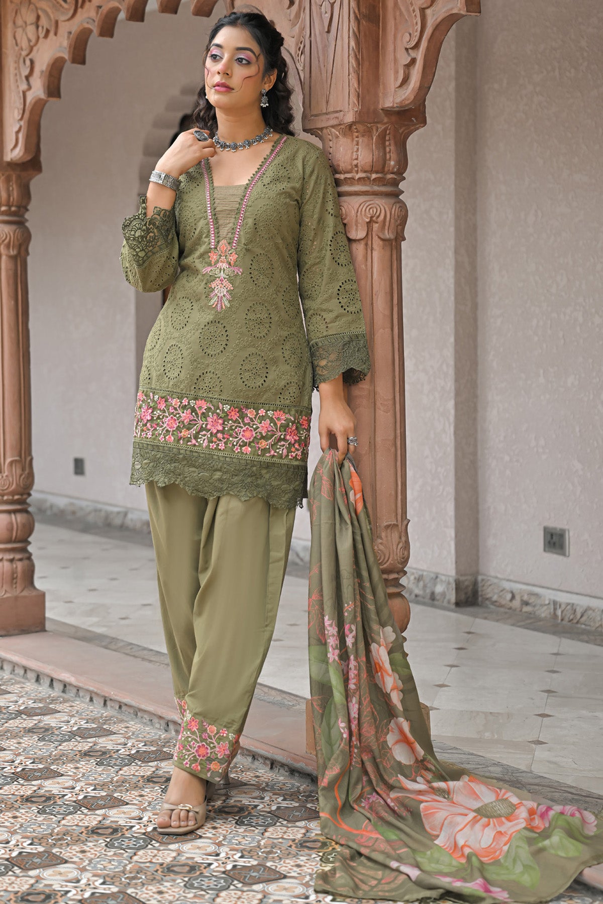 Olive Green Cotton Shifli Embroidered Farshi Suit Set With Dupatta