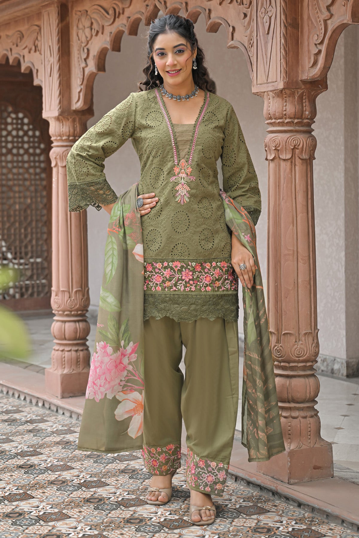 Olive Green Cotton Shifli Embroidered Farshi Suit Set With Dupatta