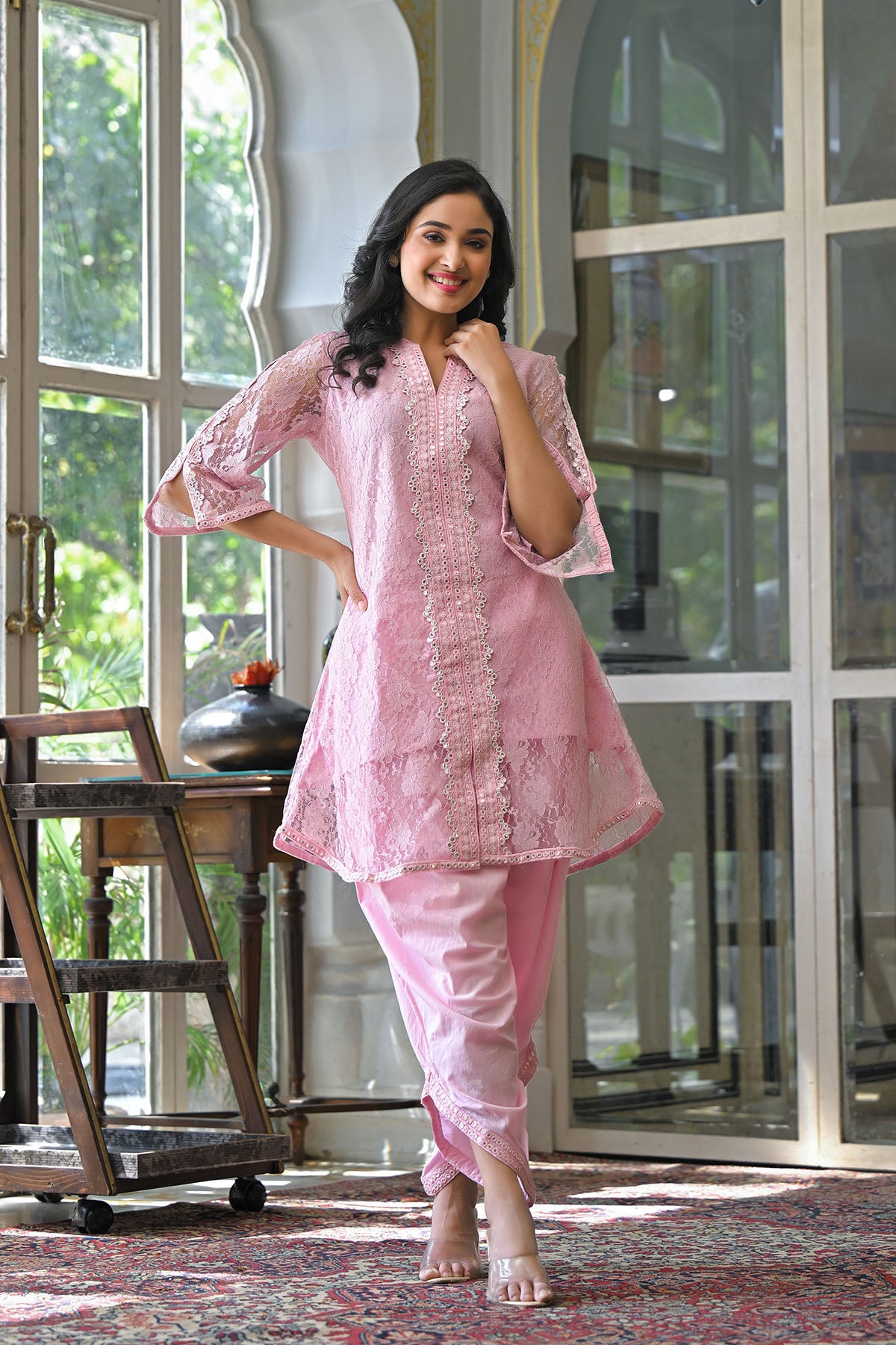 Pink Schiffli Net Embroidered Co-Ord Set
