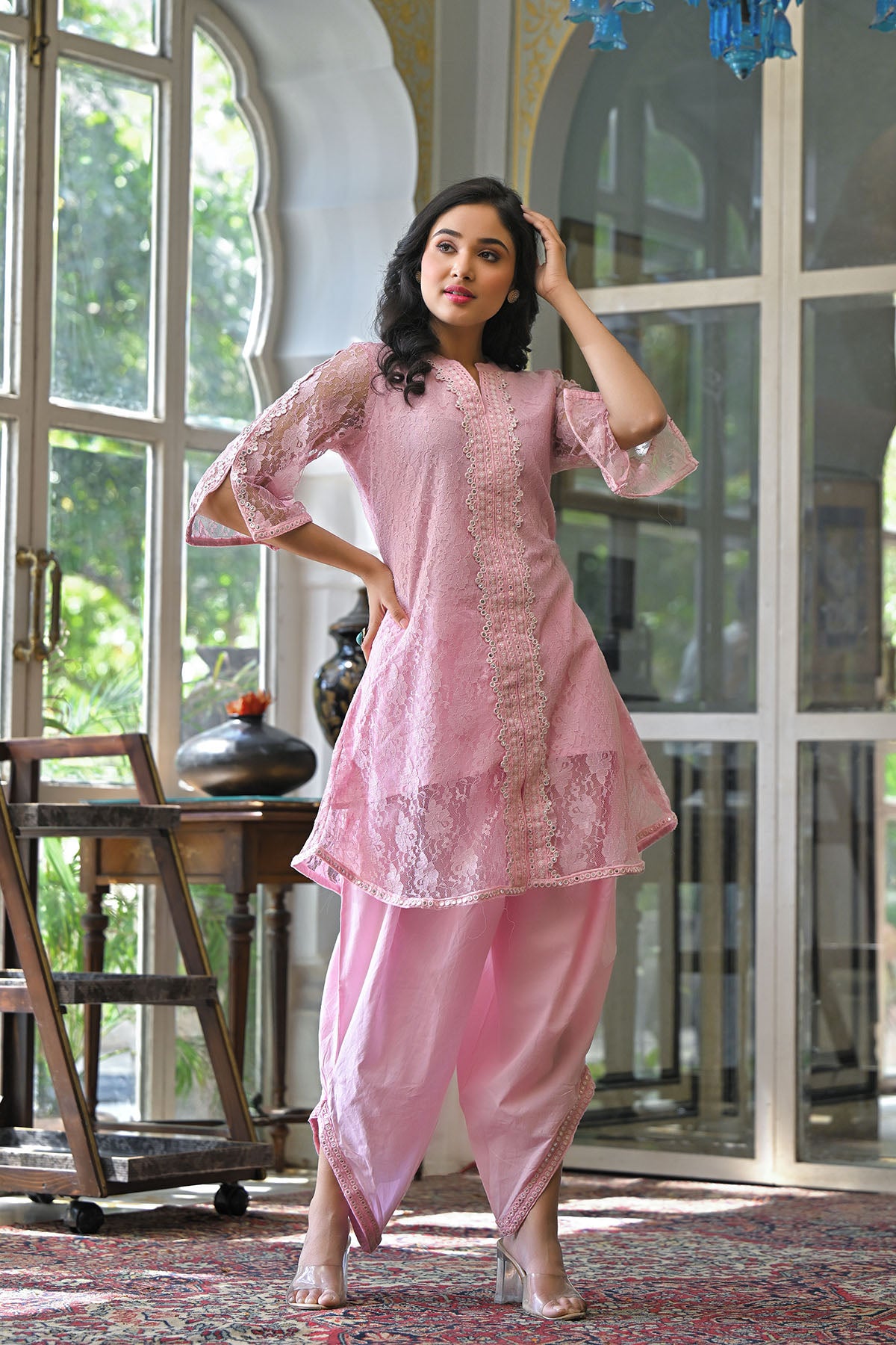 Pink Schiffli Net Embroidered Co-Ord Set