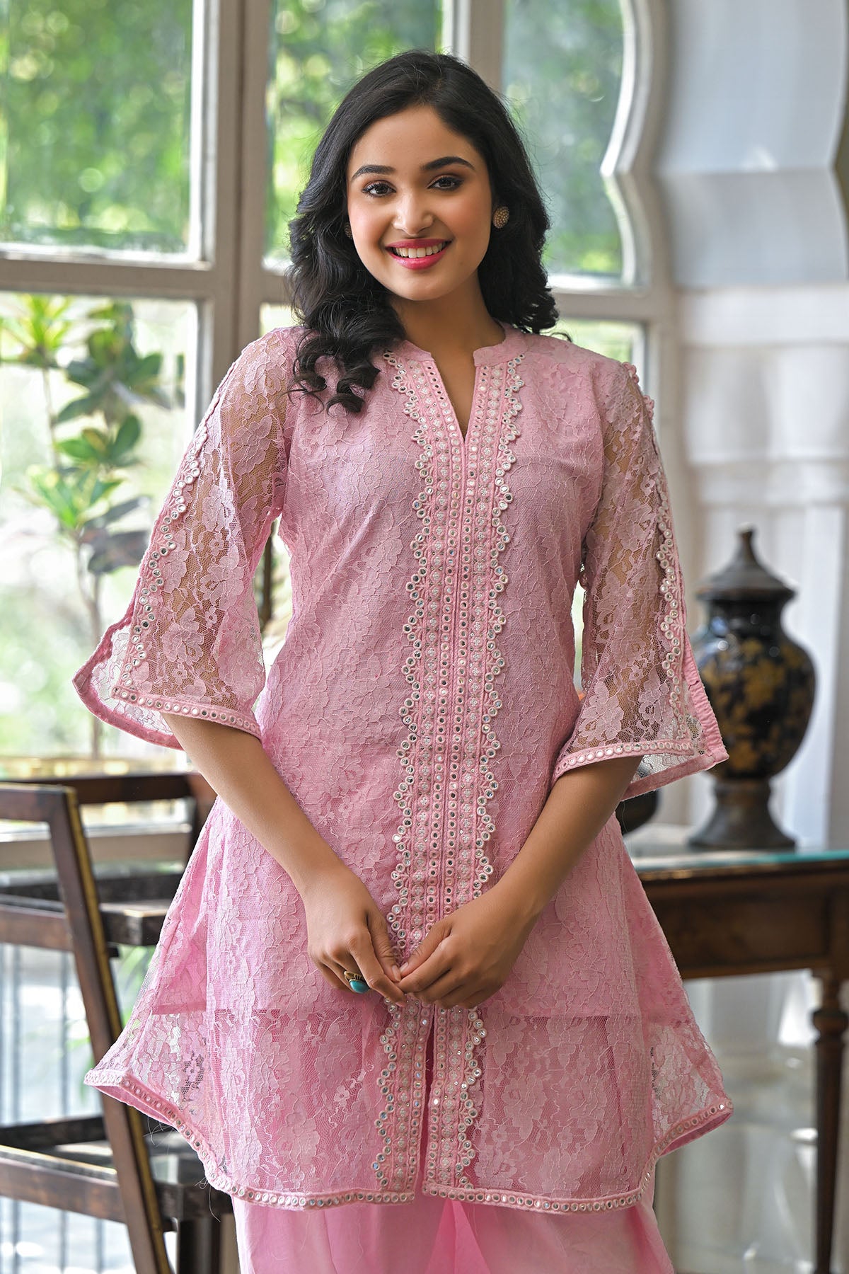 Pink Schiffli Net Embroidered Co-Ord Set