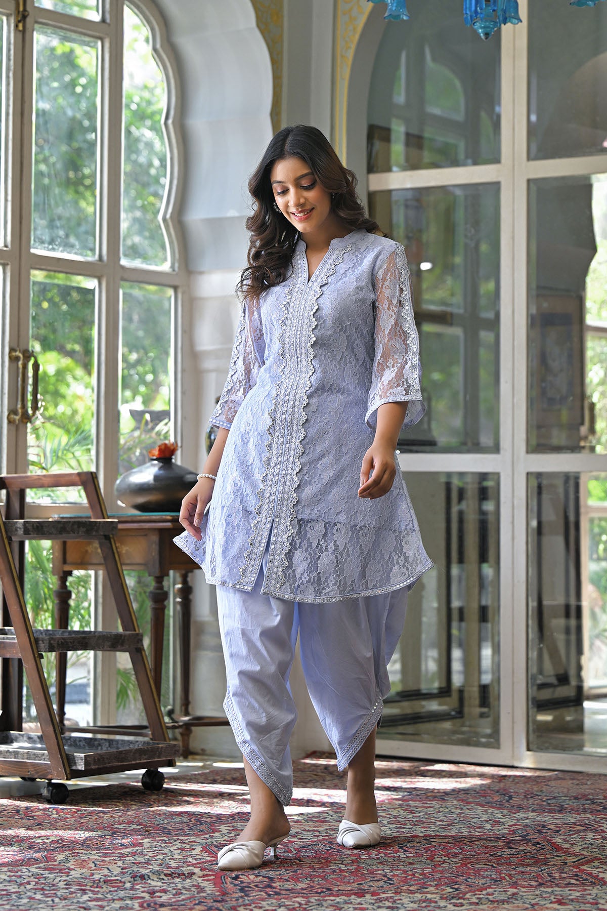 Blue Schiffli Net Embroidered Co-Ord Set