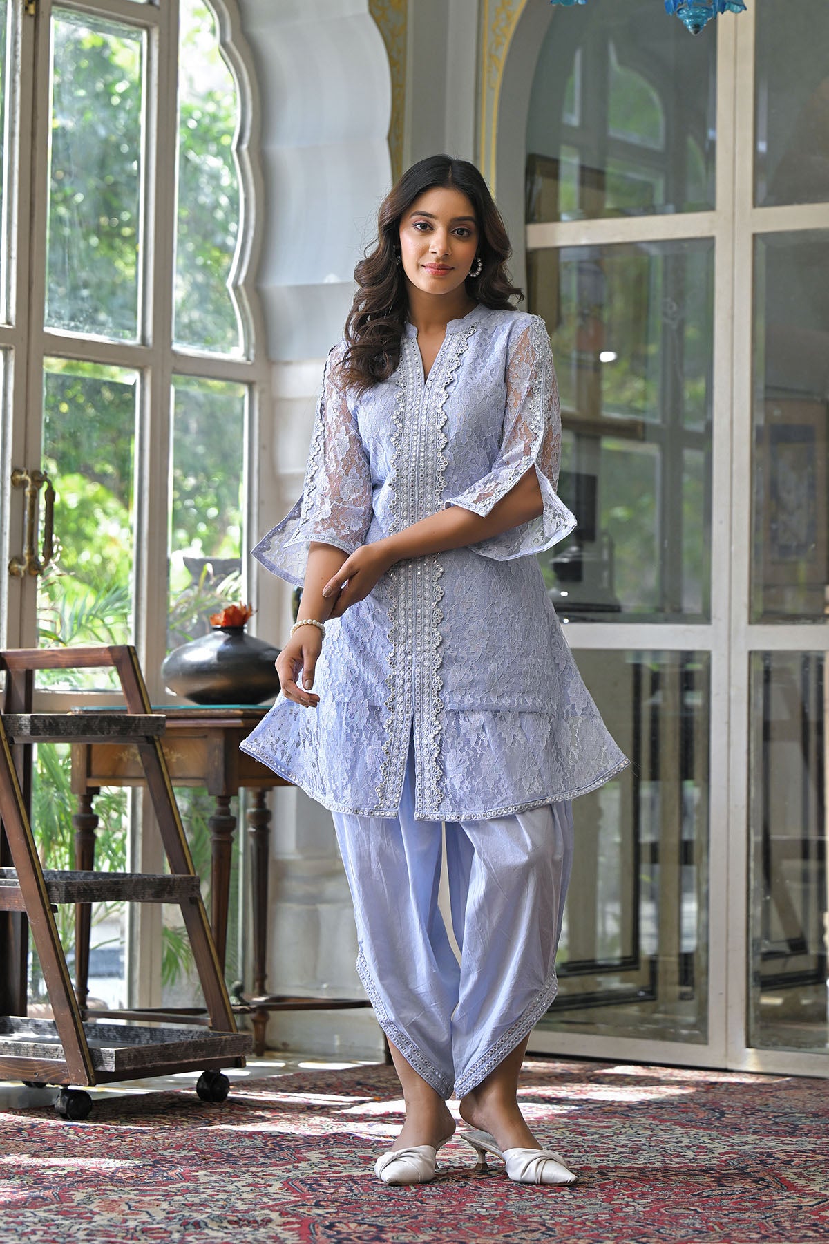 Blue Schiffli Net Embroidered Co-Ord Set