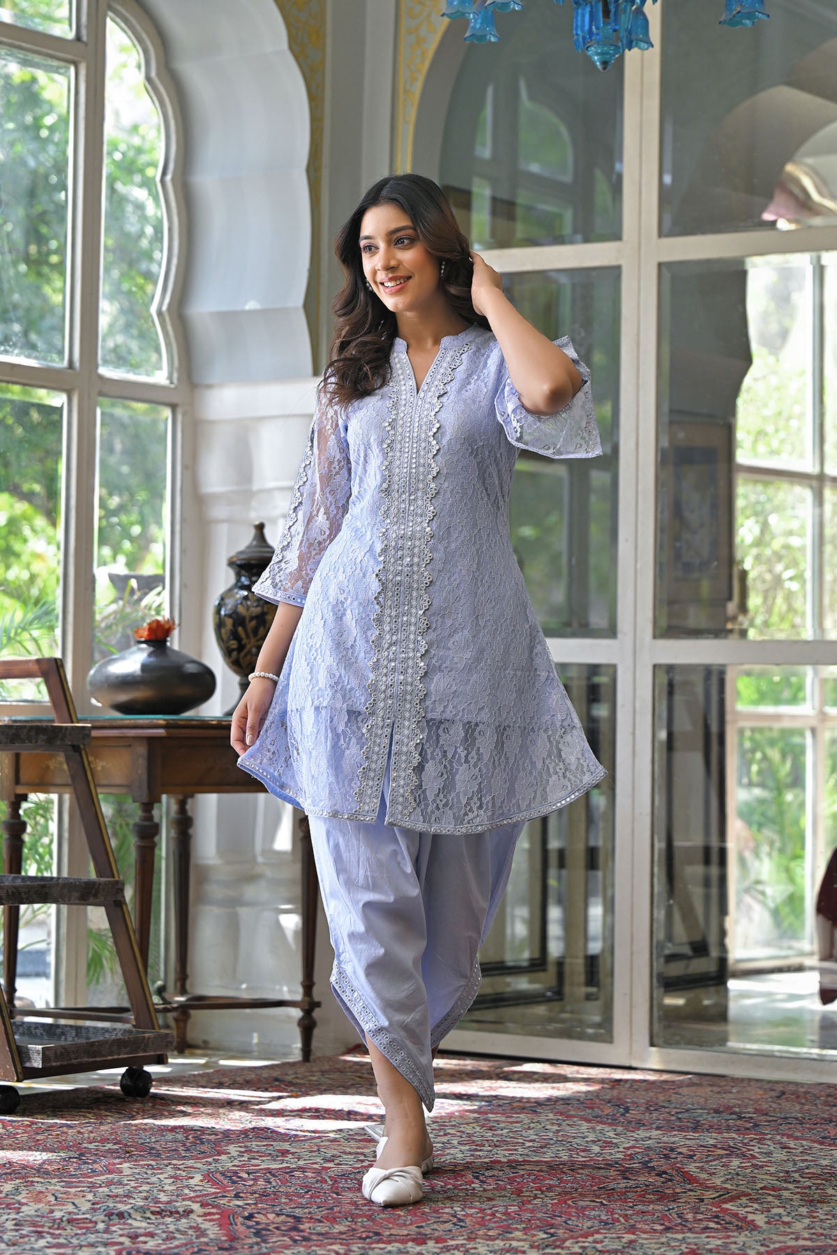 Blue Schiffli Net Embroidered Co-Ord Set