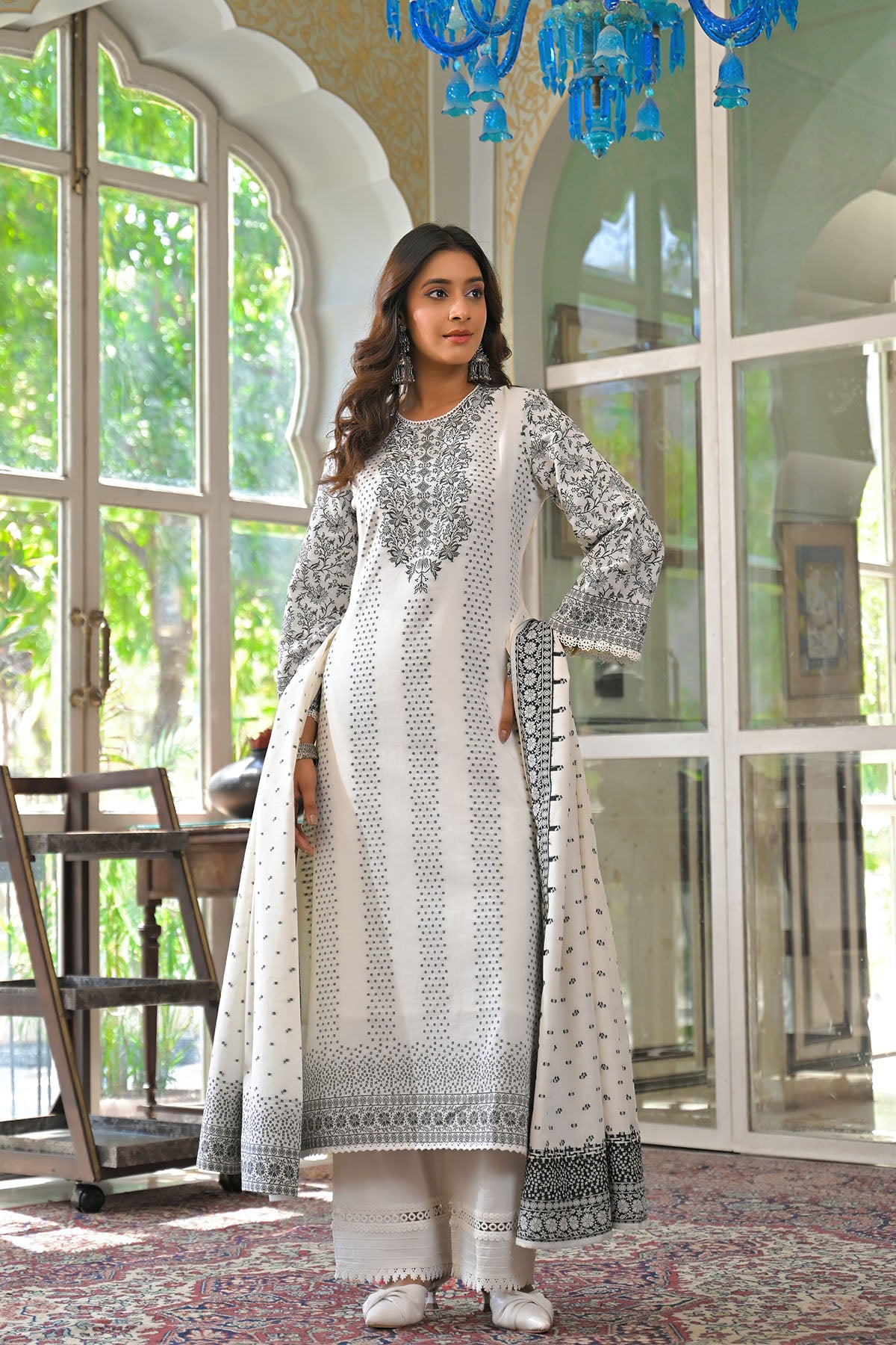 White Straight Cotton Embroidered Suit