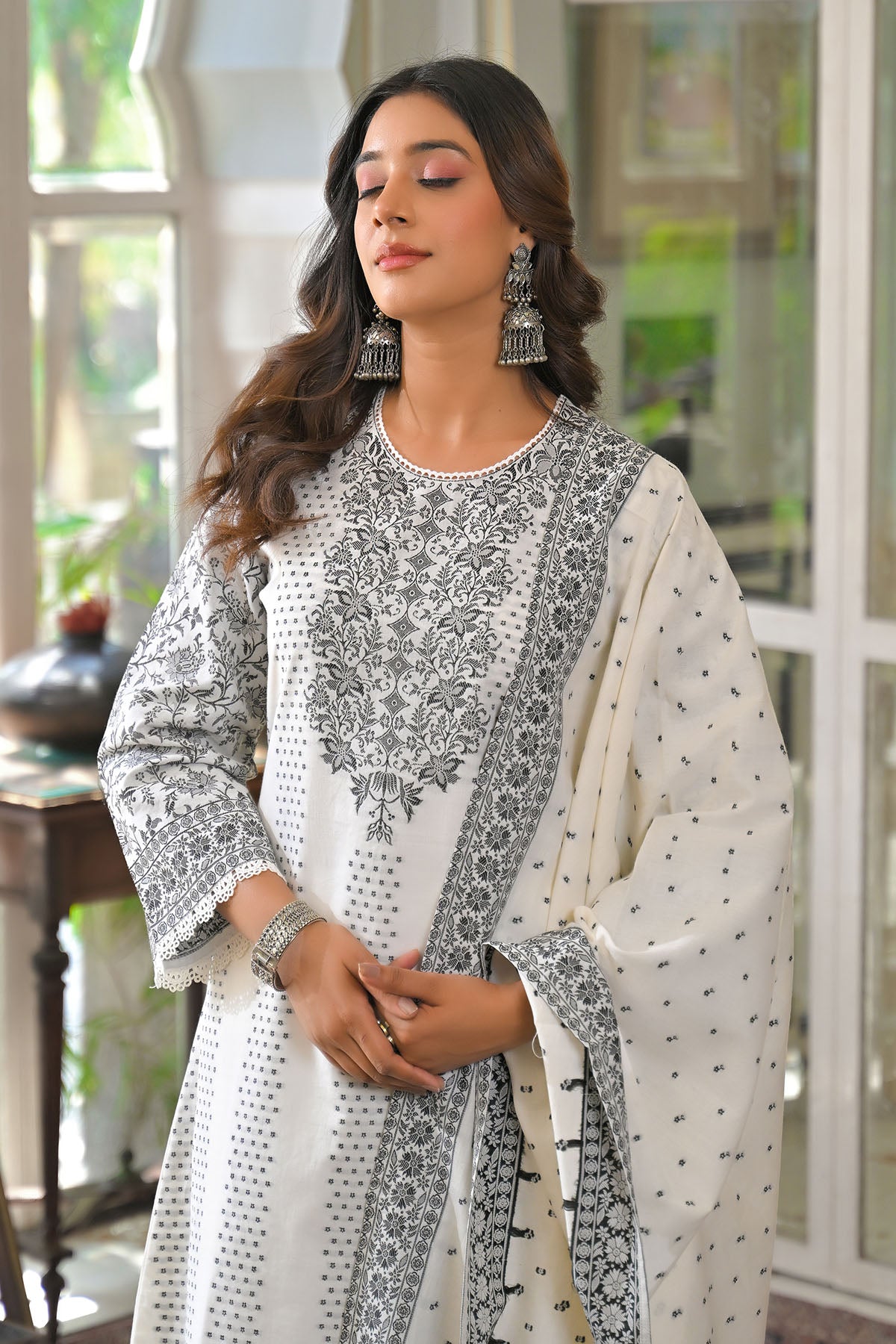 White Straight Cotton Embroidered Suit