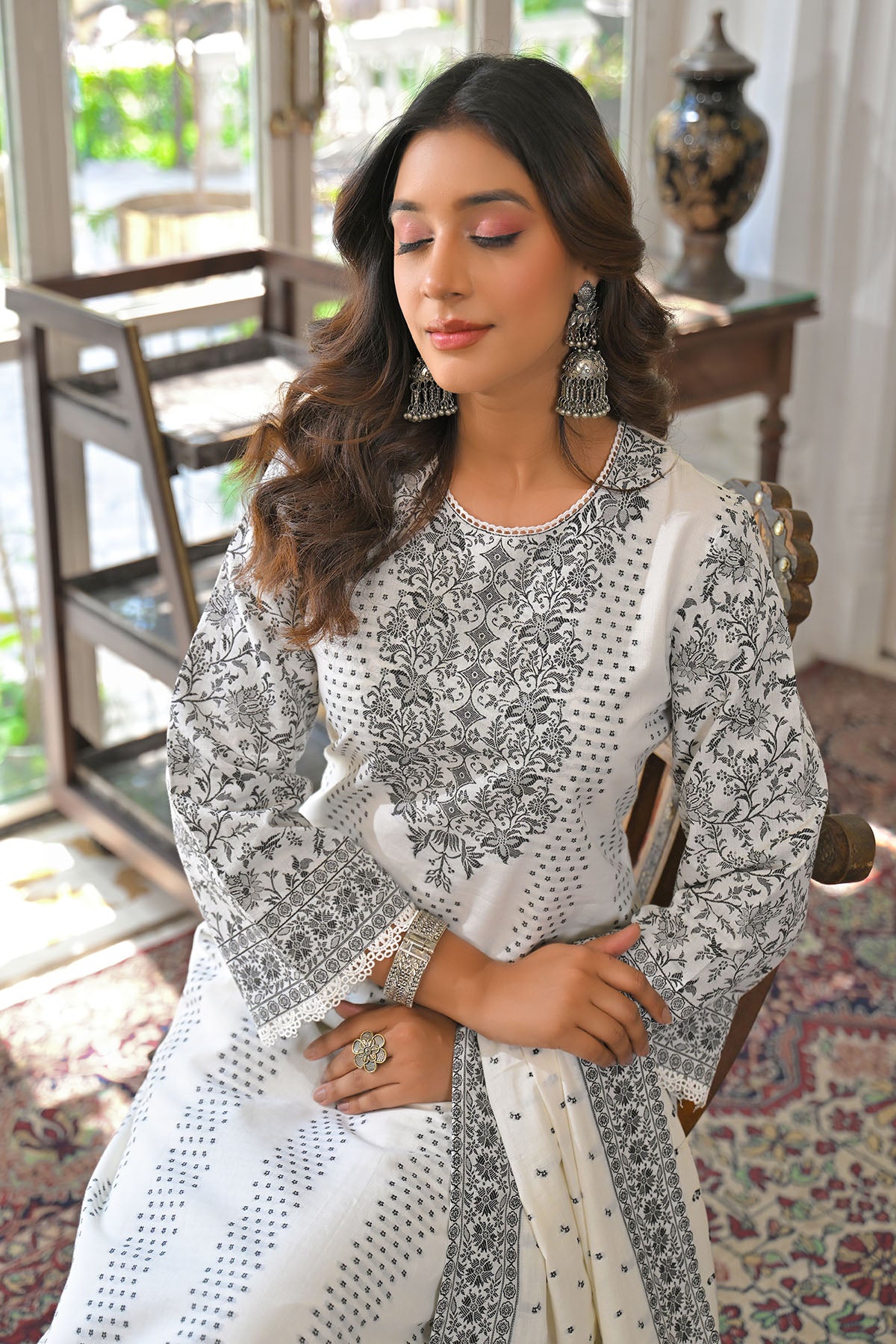 White Straight Cotton Embroidered Suit