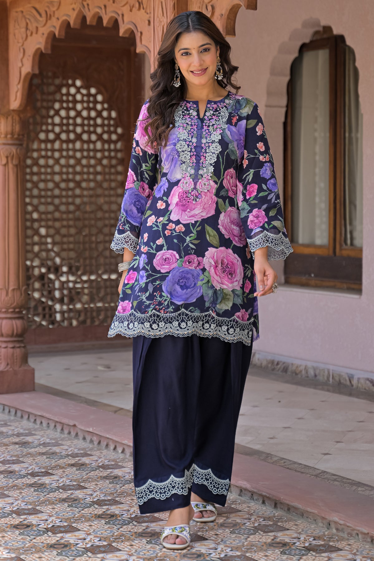 Blue Cotton Embroidered Suit Set With Dupatta