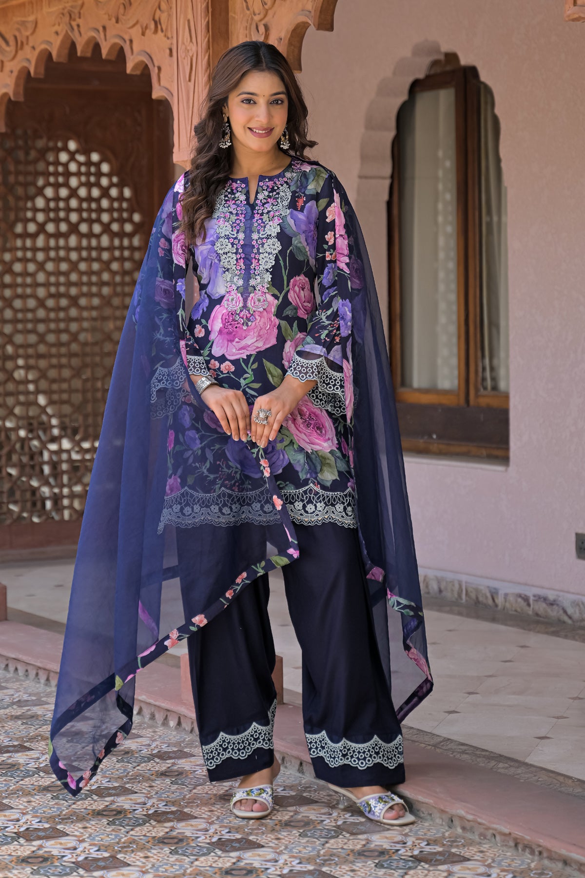 Blue Cotton Embroidered Suit Set With Dupatta