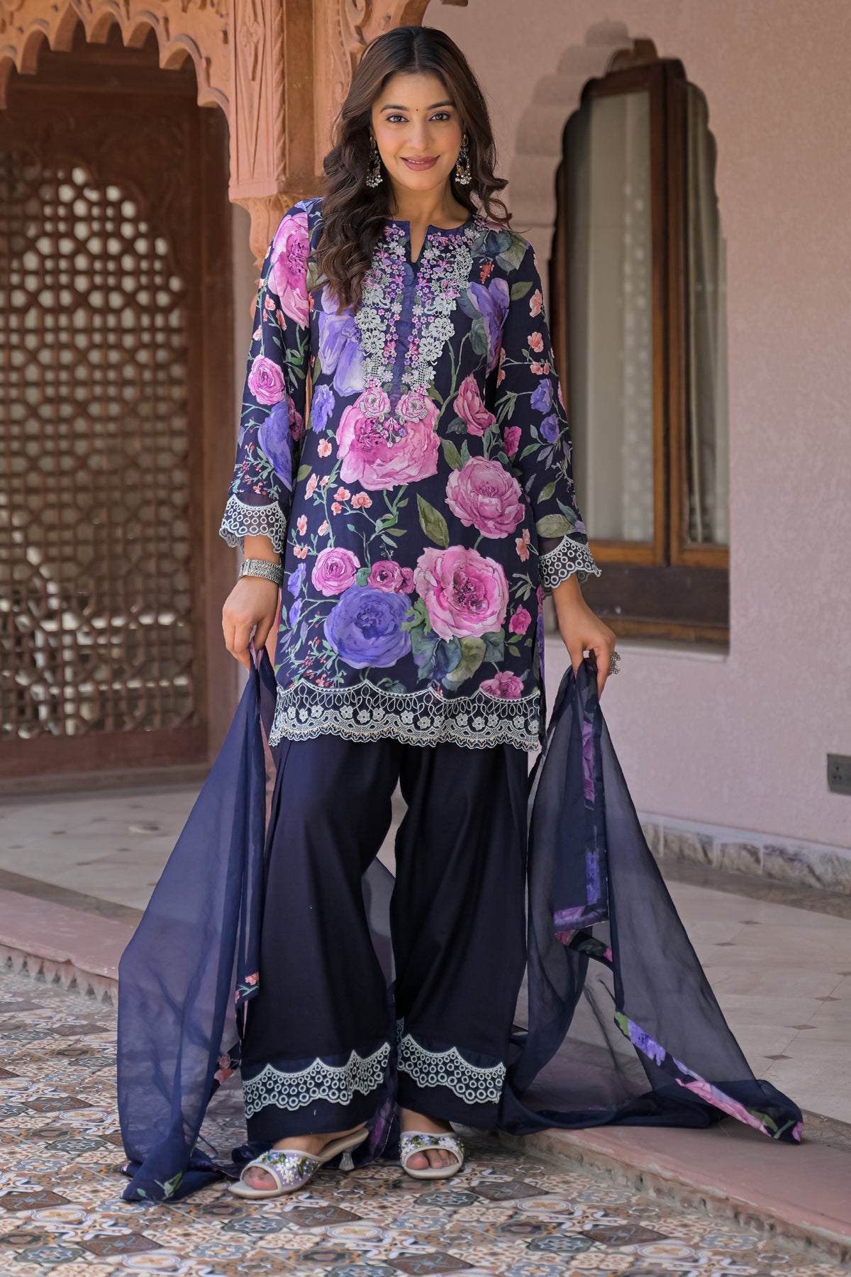 Blue Cotton Embroidered Suit Set With Dupatta