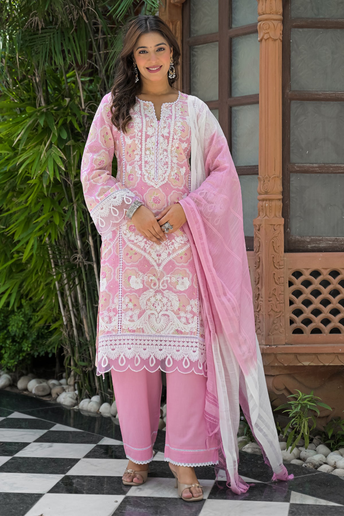 Pink Cotton Embroidered Suit Set With Dupatta