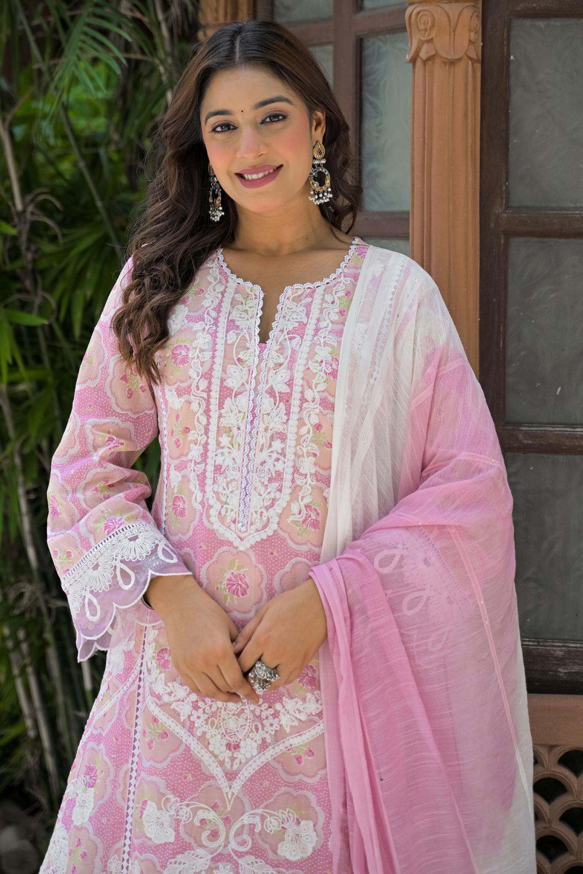 Pink Cotton Embroidered Suit Set With Dupatta
