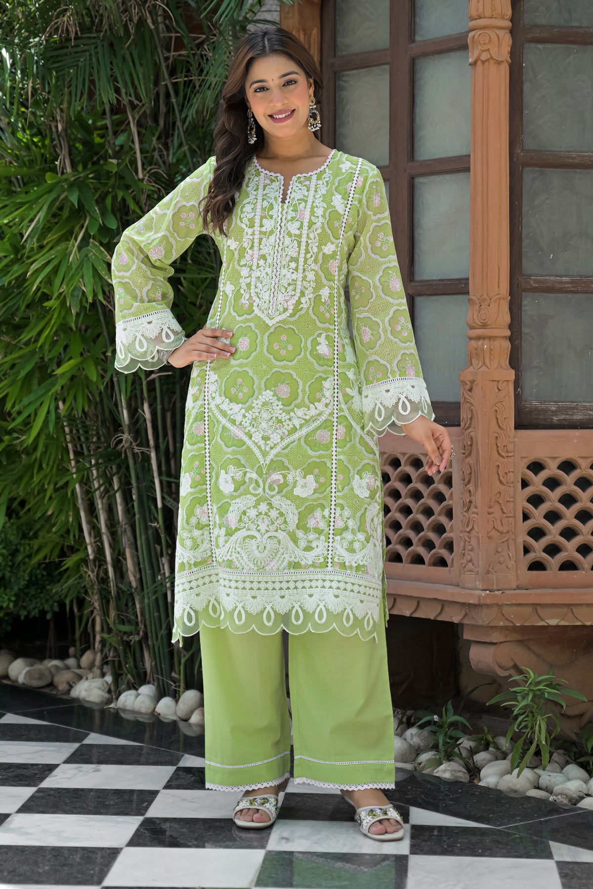 Green Cotton Embroidered Suit Set With Dupatta
