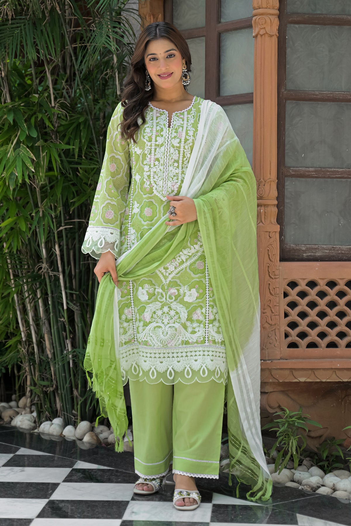 Green Cotton Embroidered Suit Set With Dupatta
