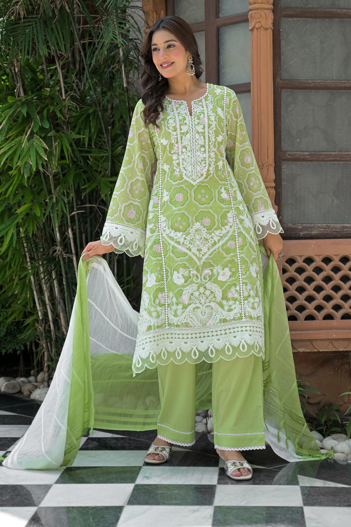 Green Cotton Embroidered Suit Set With Dupatta