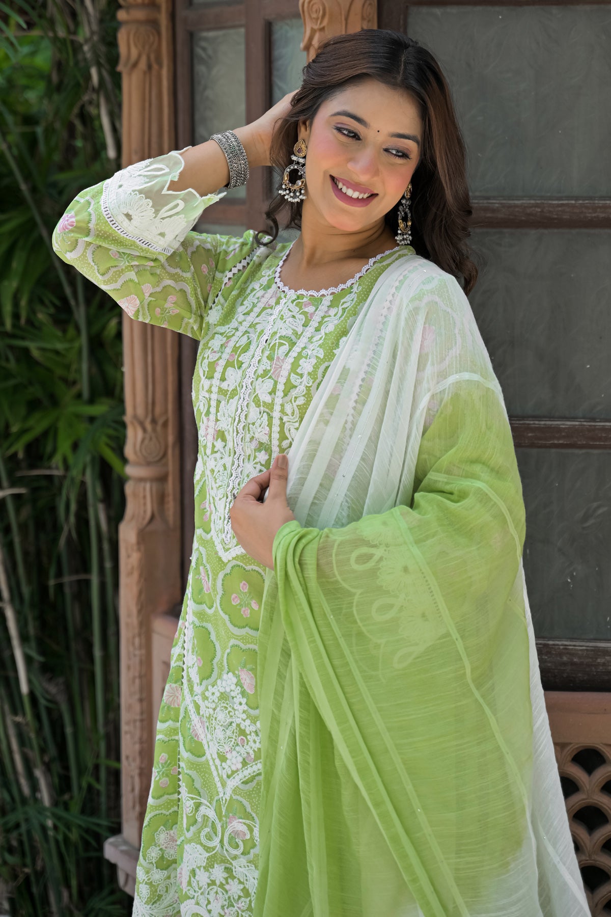 Green Cotton Embroidered Suit Set With Dupatta