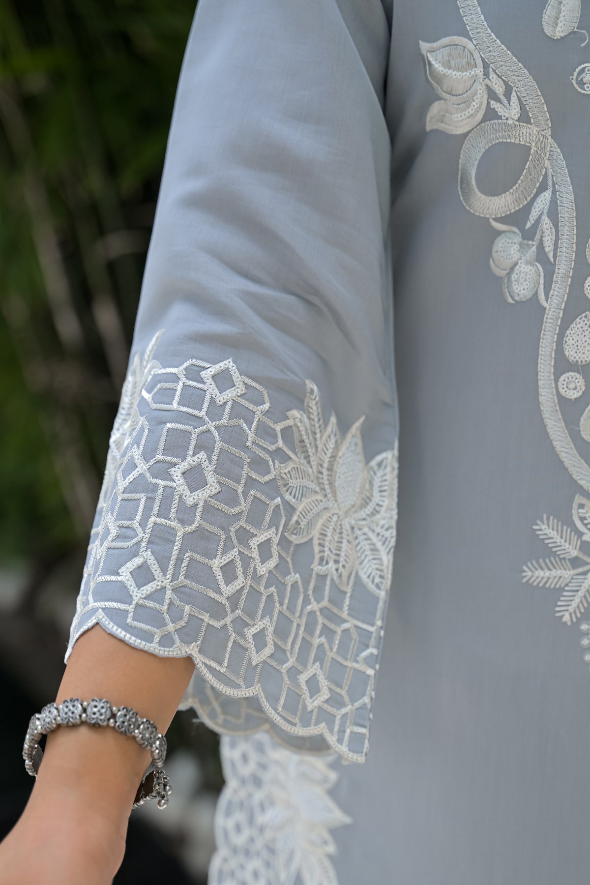 Grey Cotton Embroidered Farsi Suit Set With Dupatta