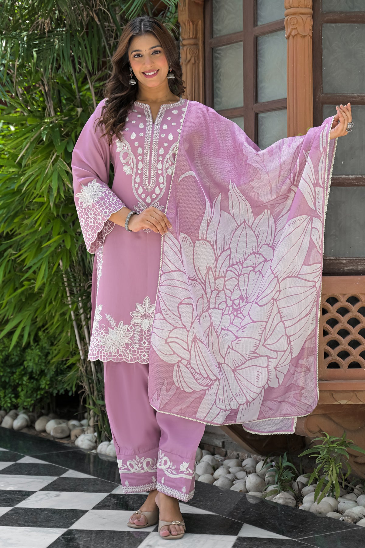 Pink Cotton Embroidered Farsi Suit Set With Dupatta