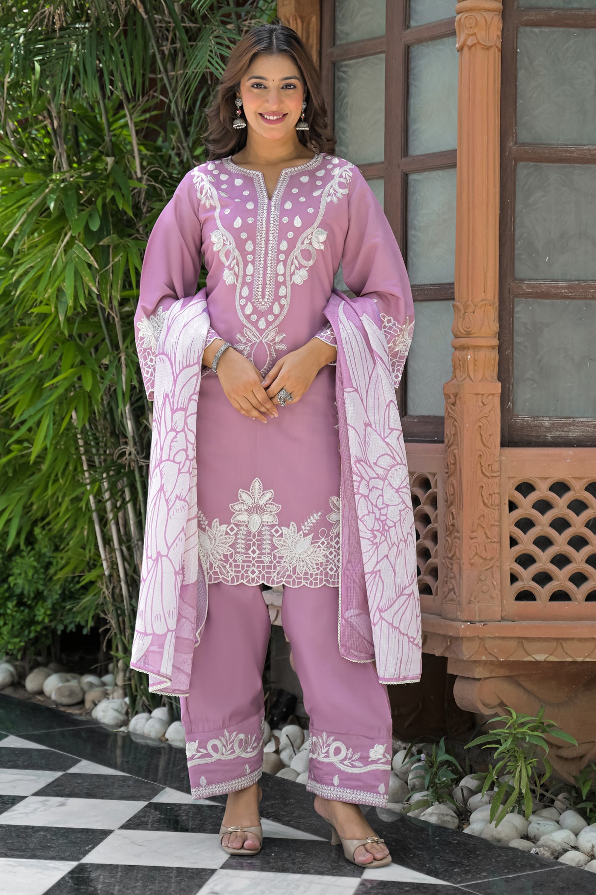 Pink Cotton Embroidered Farsi Suit Set With Dupatta
