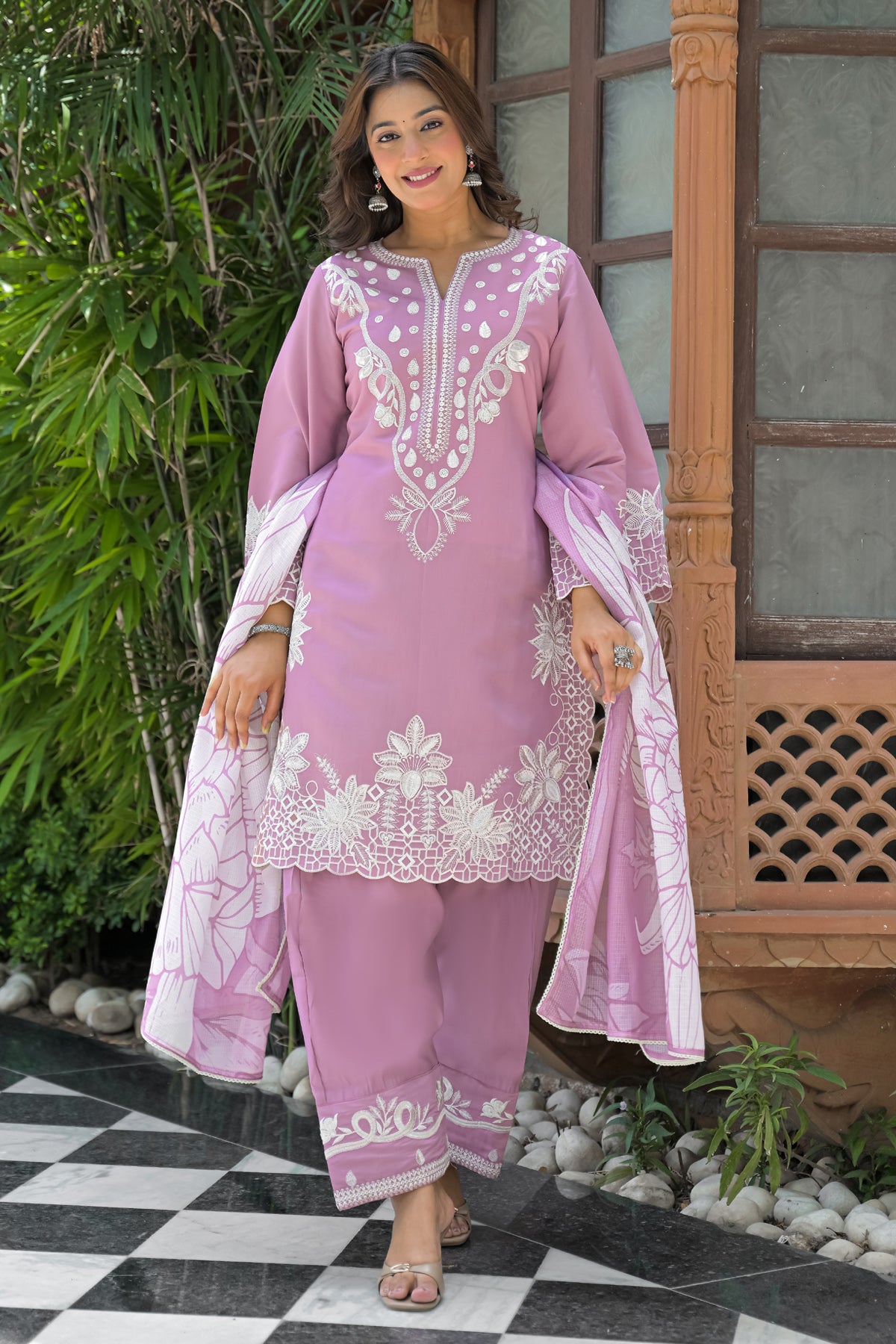 Pink Cotton Embroidered Farsi Suit Set With Dupatta