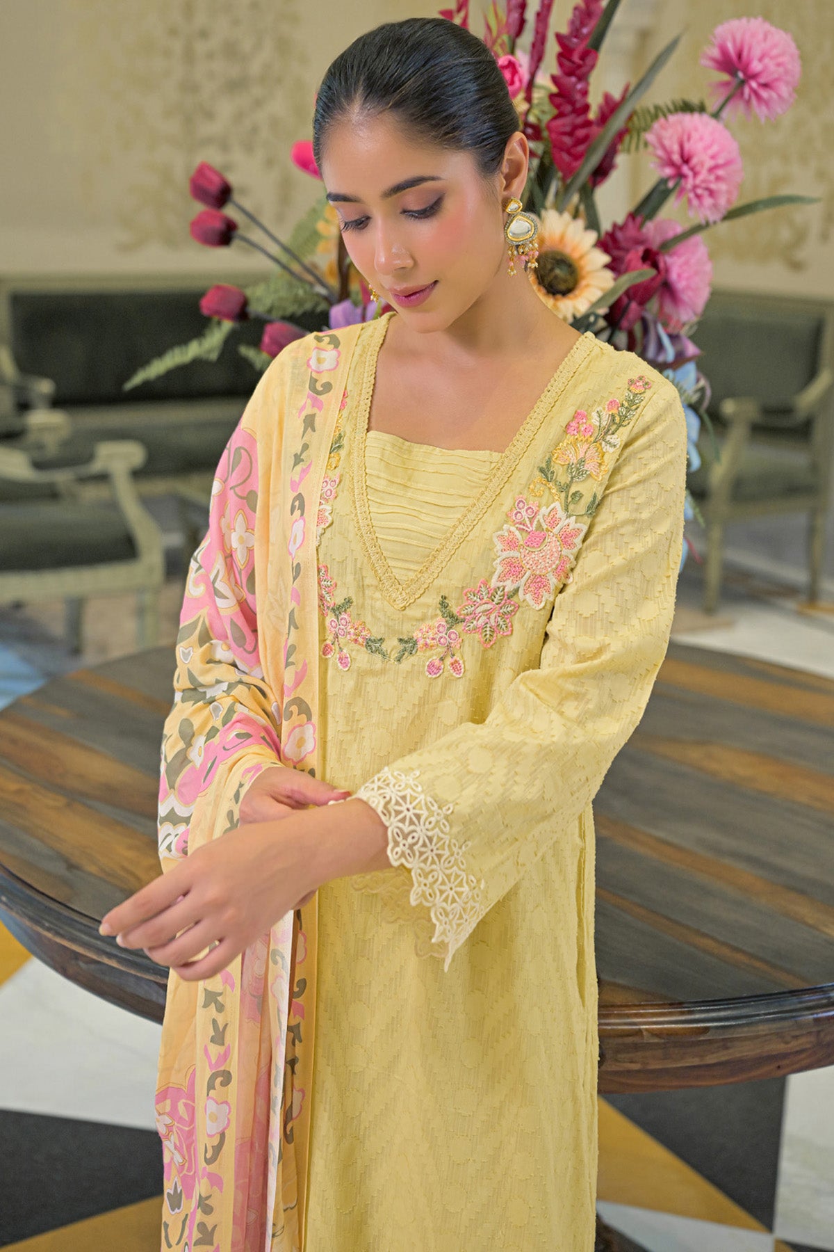 Yellow Cotton Handwork Suit Set With Dupatta