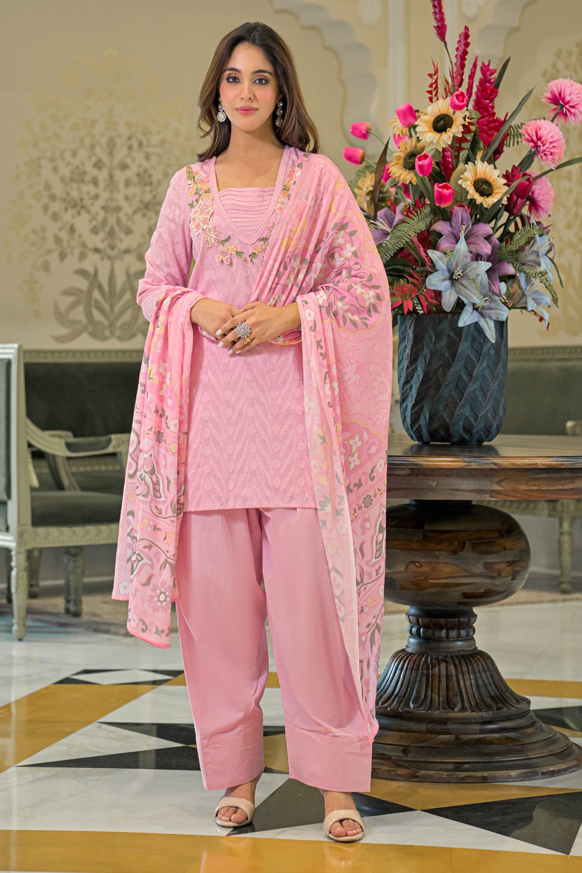 Pink Cotton Handwork Suit Set With Dupatta