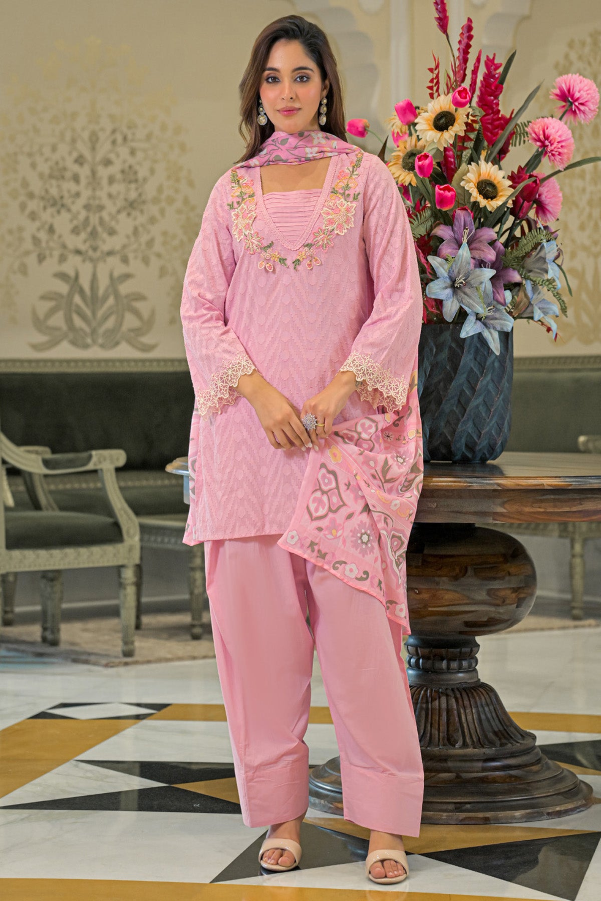 Pink Cotton Handwork Suit Set With Dupatta