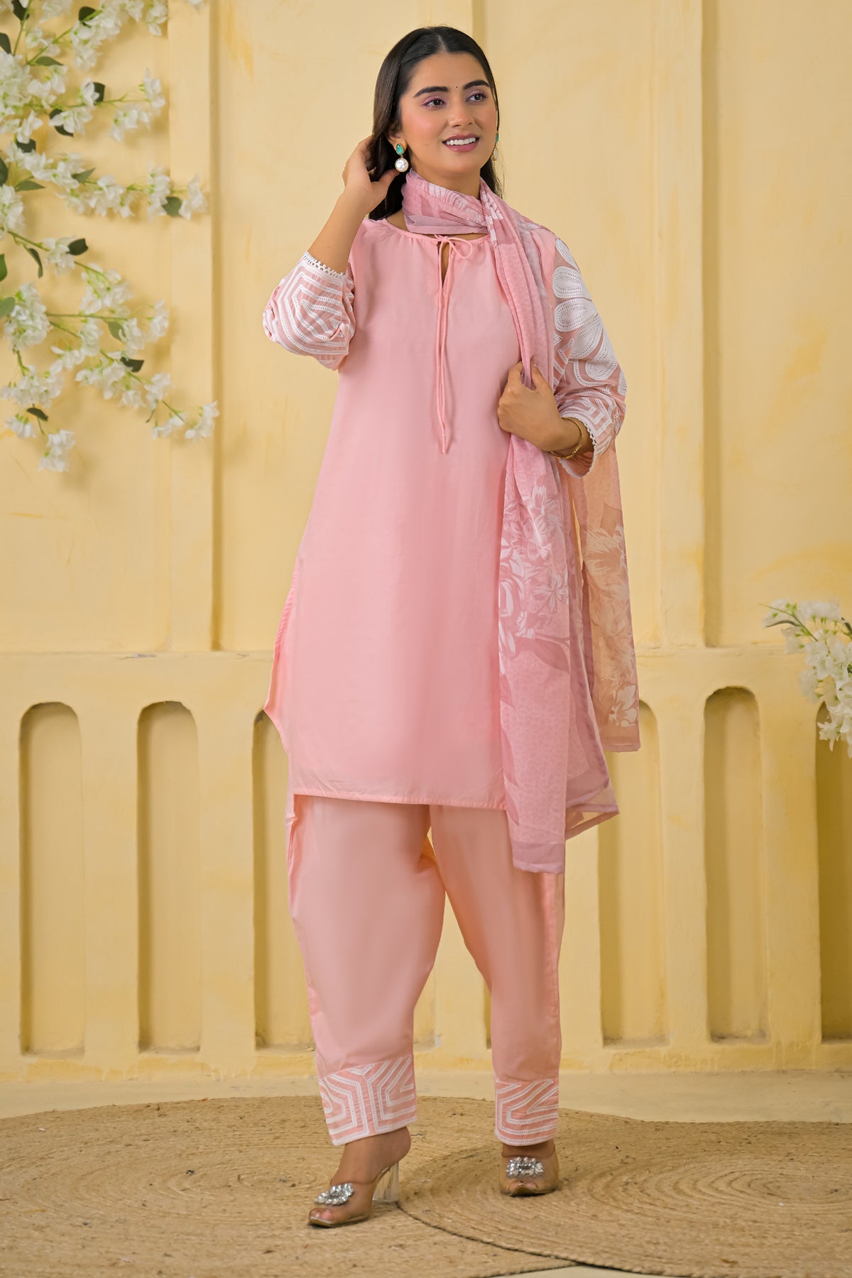 Peach Cotton Embroidered Farsi Suit Set With Dupatta