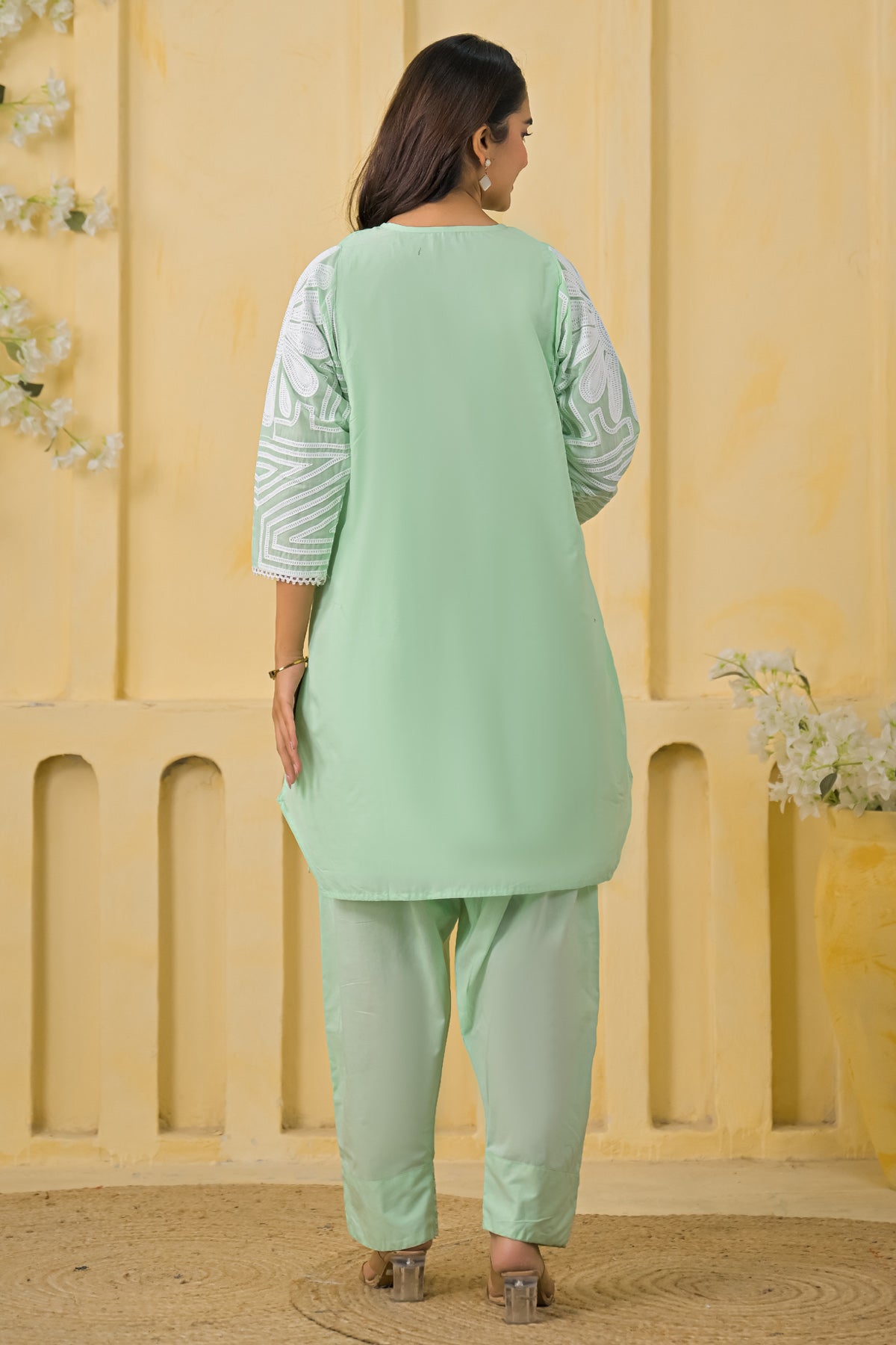 Green Cotton Embroidered Farsi Suit Set With Dupatta