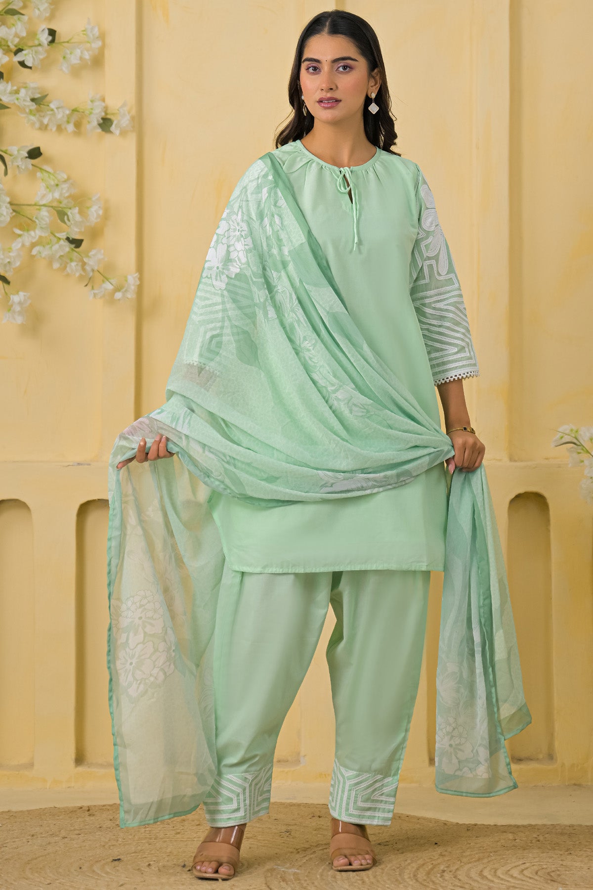 Green Cotton Embroidered Farsi Suit Set With Dupatta