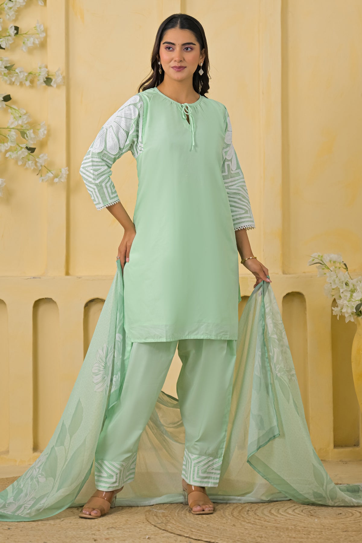 Green Cotton Embroidered Farsi Suit Set With Dupatta