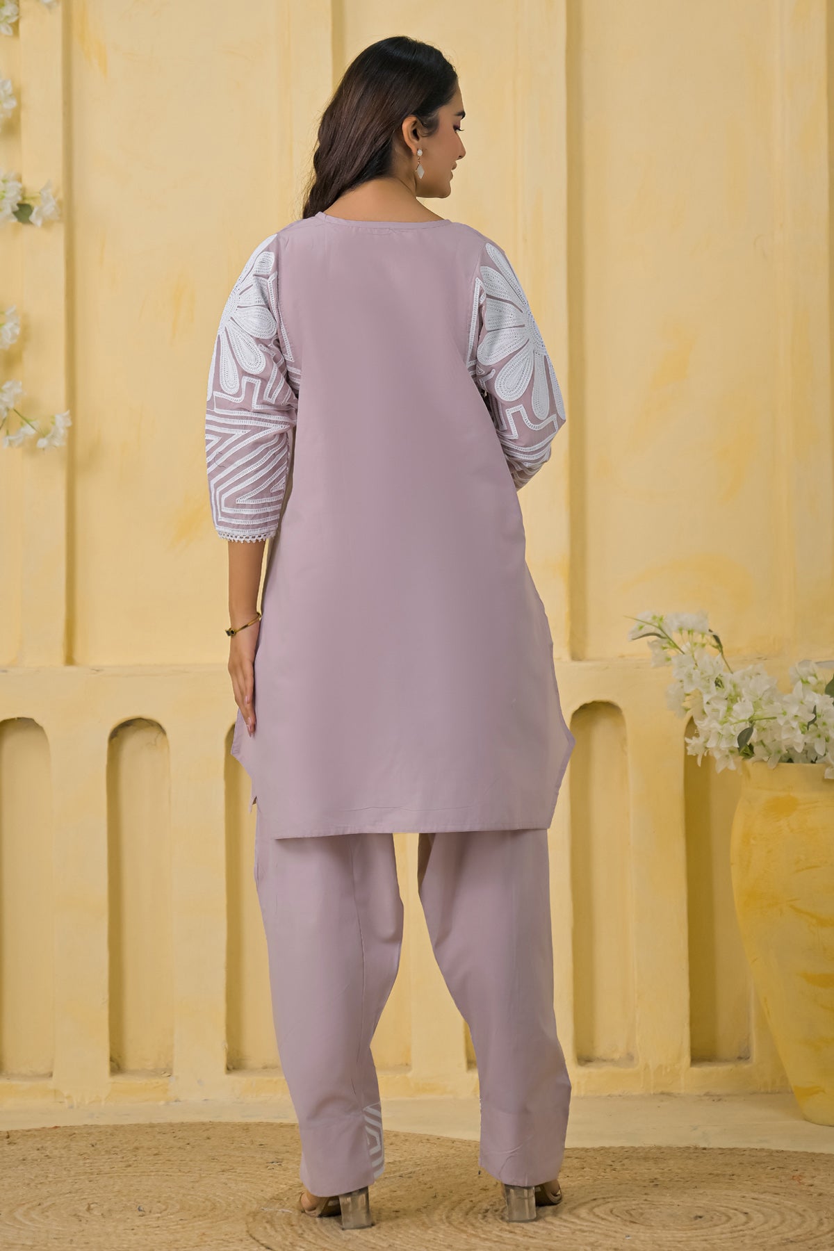 Lilac Cotton Embroidered Farsi Suit Set With Dupatta
