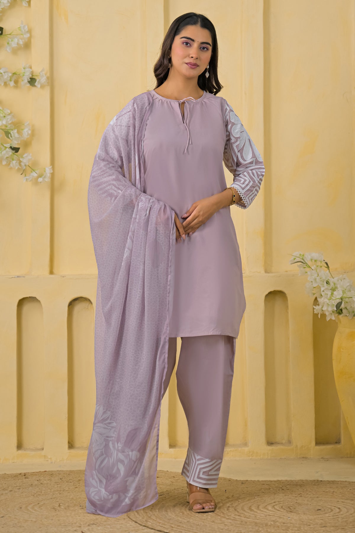 Lilac Cotton Embroidered Farsi Suit Set With Dupatta