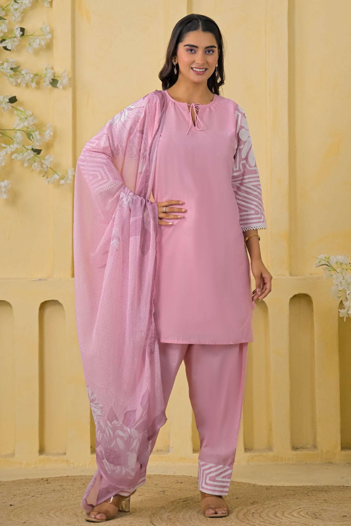 Pink Cotton Embroidered Farsi Suit Set With Dupatta