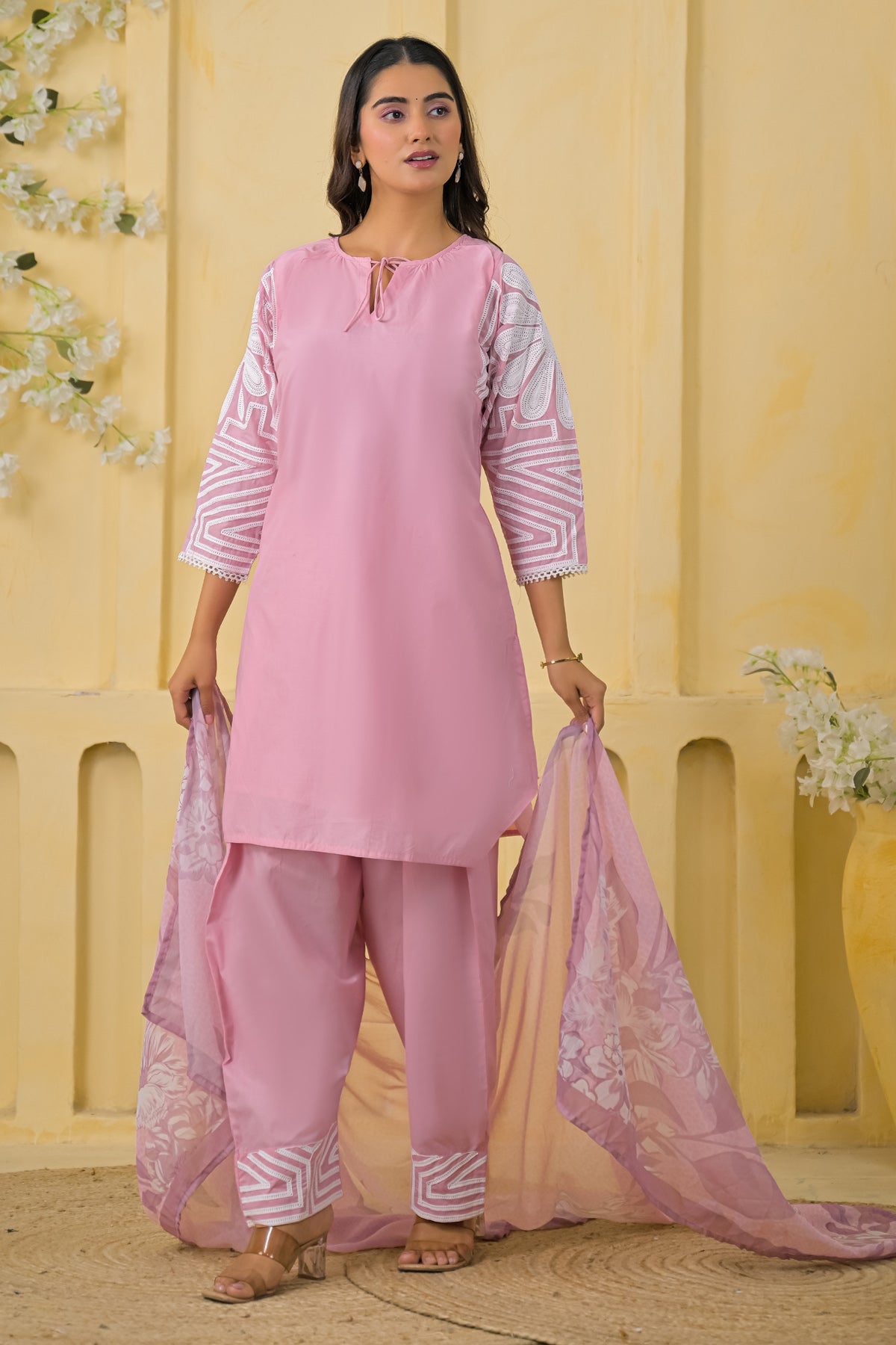 Pink Cotton Embroidered Farsi Suit Set With Dupatta