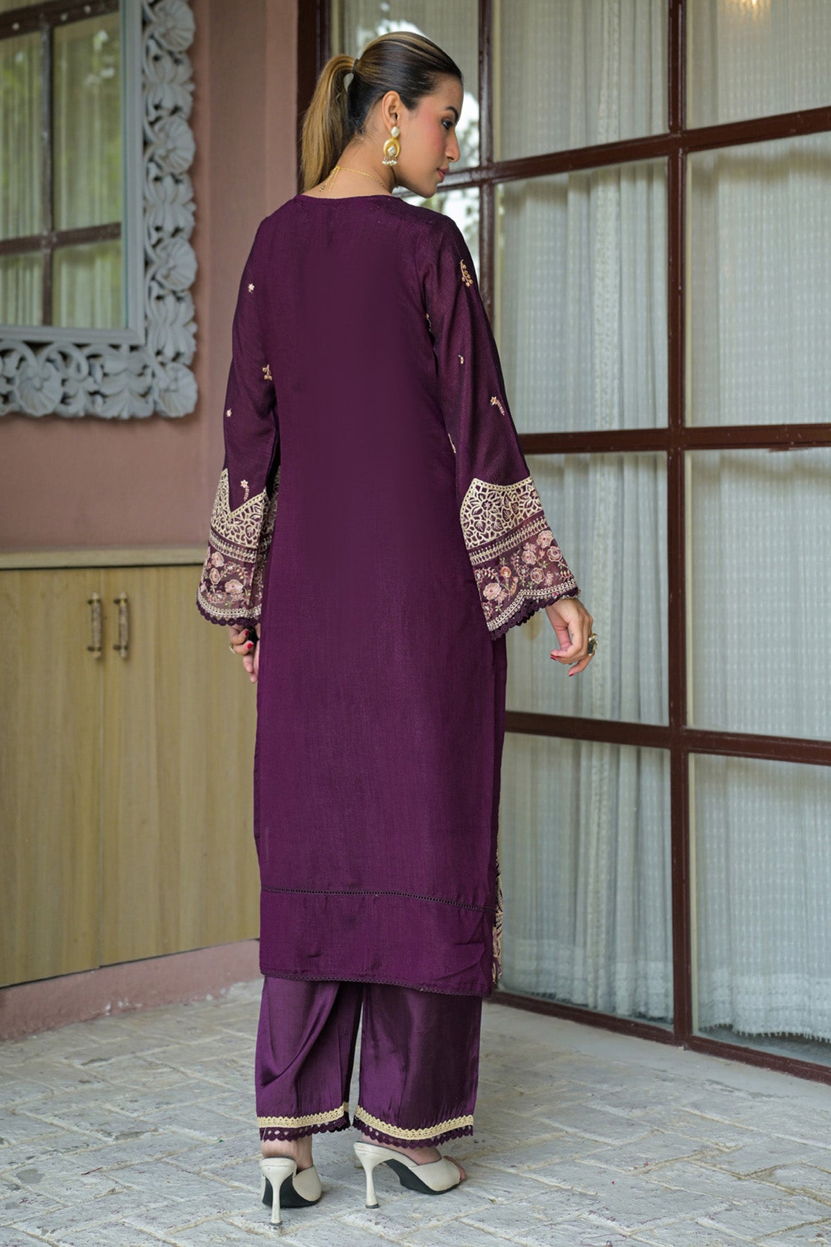 Deep Plum Silk Blend/chambray Embroidered Straight Suit Set With Dupatta