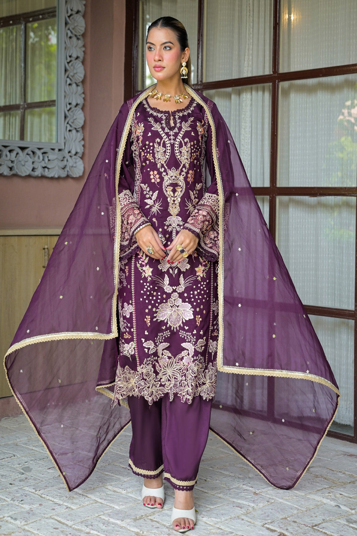 Deep Plum Silk Blend/chambray Embroidered Straight Suit Set With Dupatta