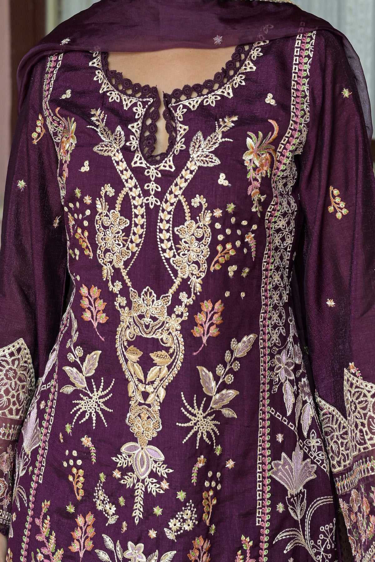 Deep Plum Silk Blend/chambray Embroidered Straight Suit Set With Dupatta