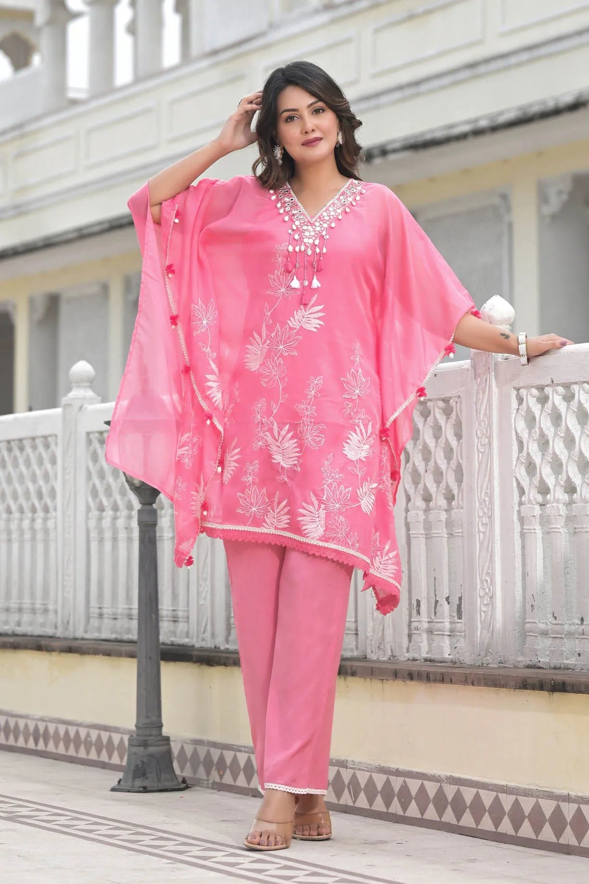Pink Organza Embroidered Kaftan Set with Potli Bag