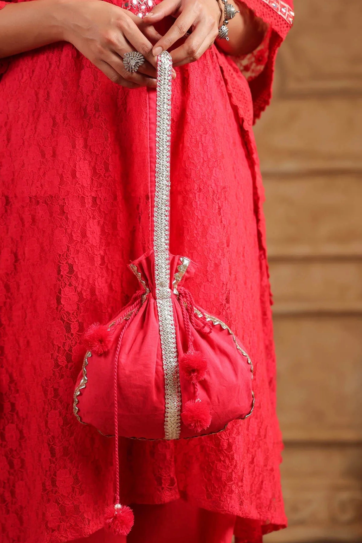 Red Schiffli Net Kaftan Set With Potli Bag