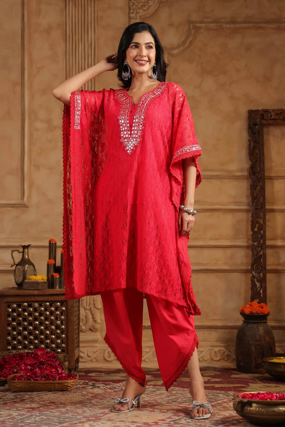 Red Schiffli Net Kaftan Set With Potli Bag