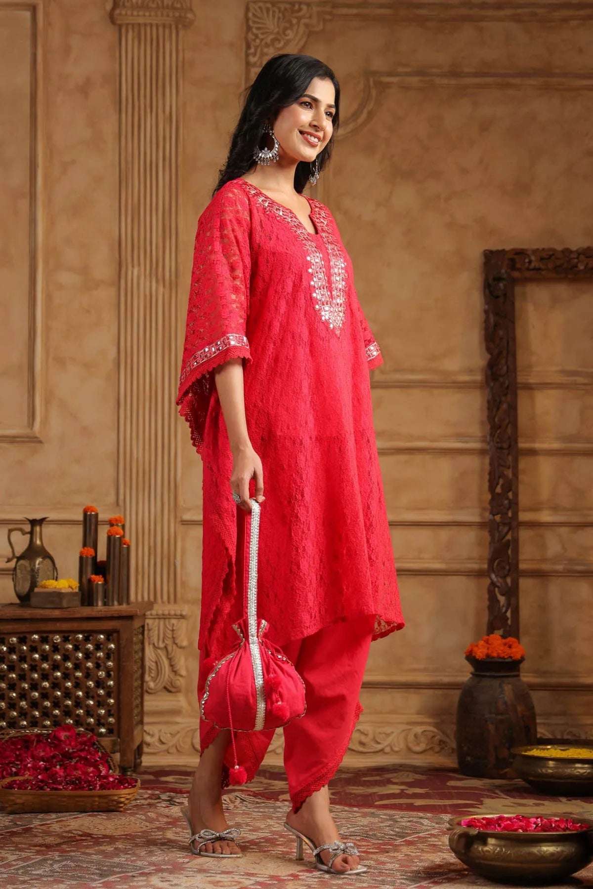 Red Schiffli Net Kaftan Set With Potli Bag
