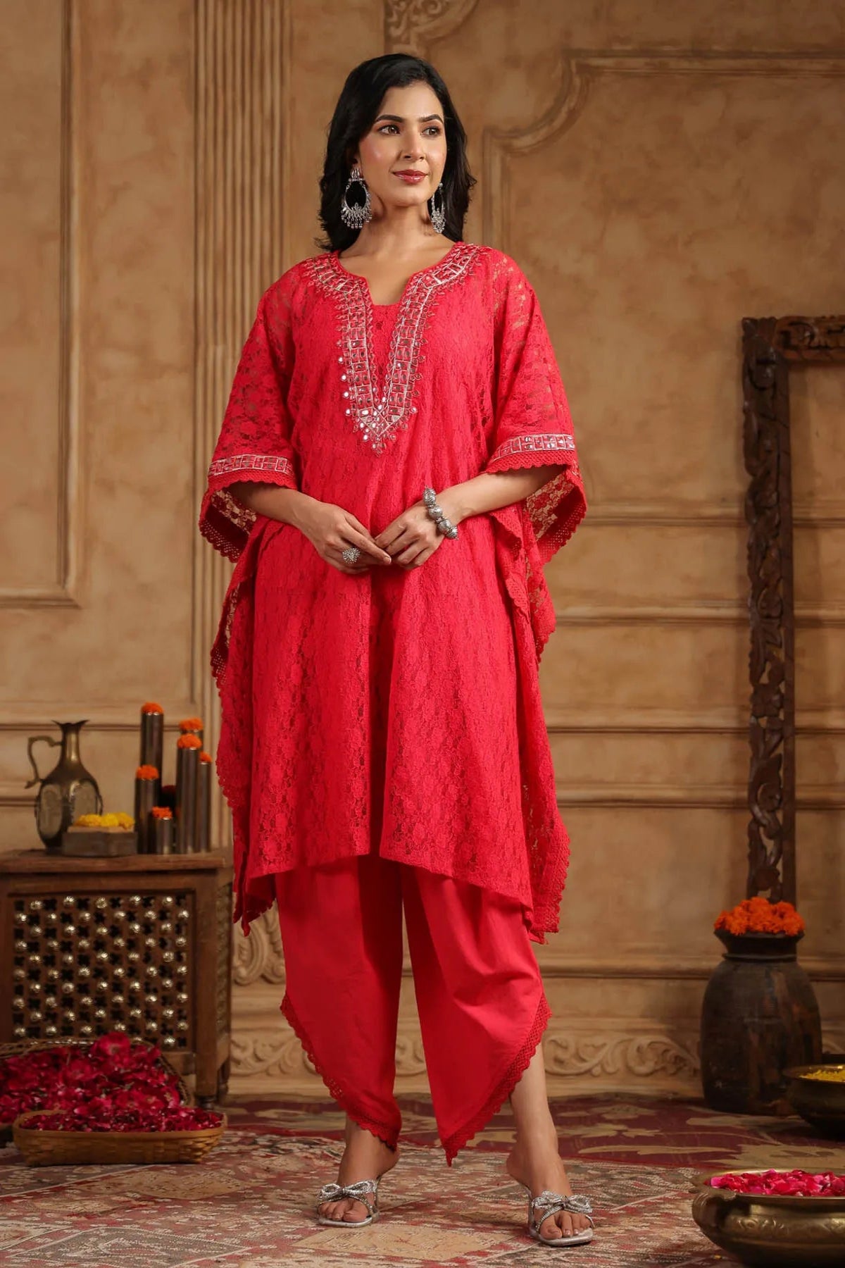 Red Schiffli Net Kaftan Set With Potli Bag