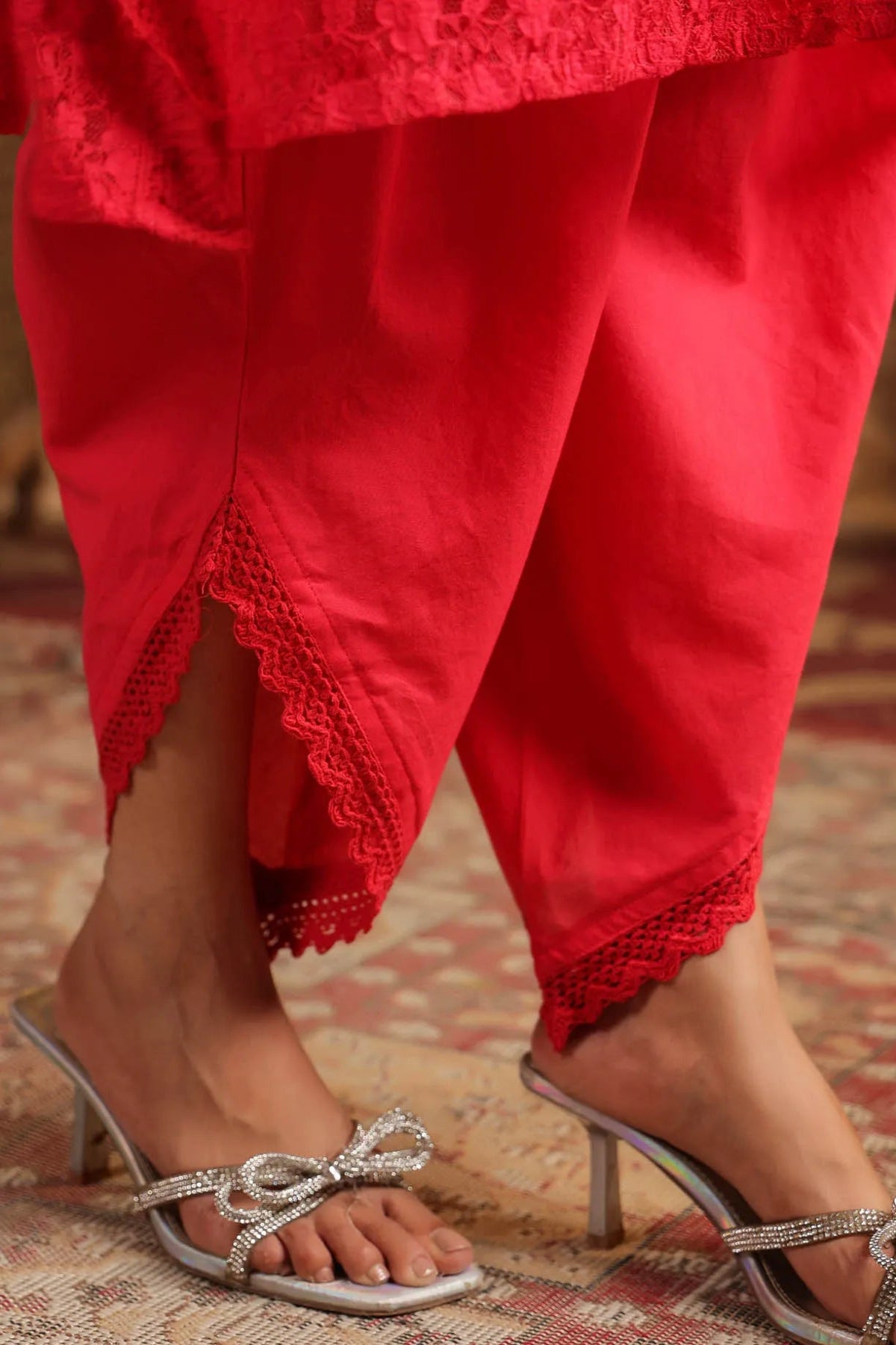 Red Schiffli Net Kaftan Set With Potli Bag