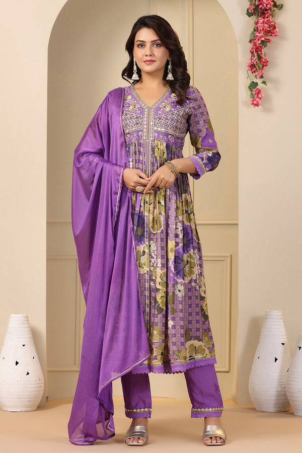 Bairaas Purple Muslin Embroidered Anarkali Set