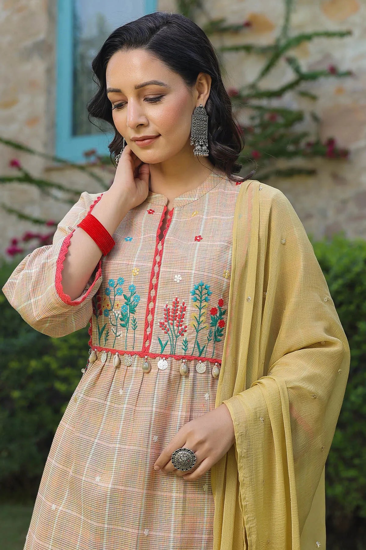 Lemon Yellow Cotton Embroidered Straight-Cut Suit Set